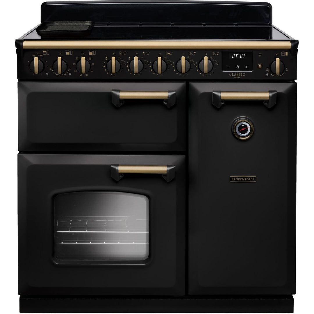 Rangemaster Classic Deluxe CLDL90EIPCBL/AB1 90cm wide Electric Range Cooker with Induction Hob - Charcoal Black / Antique Brass