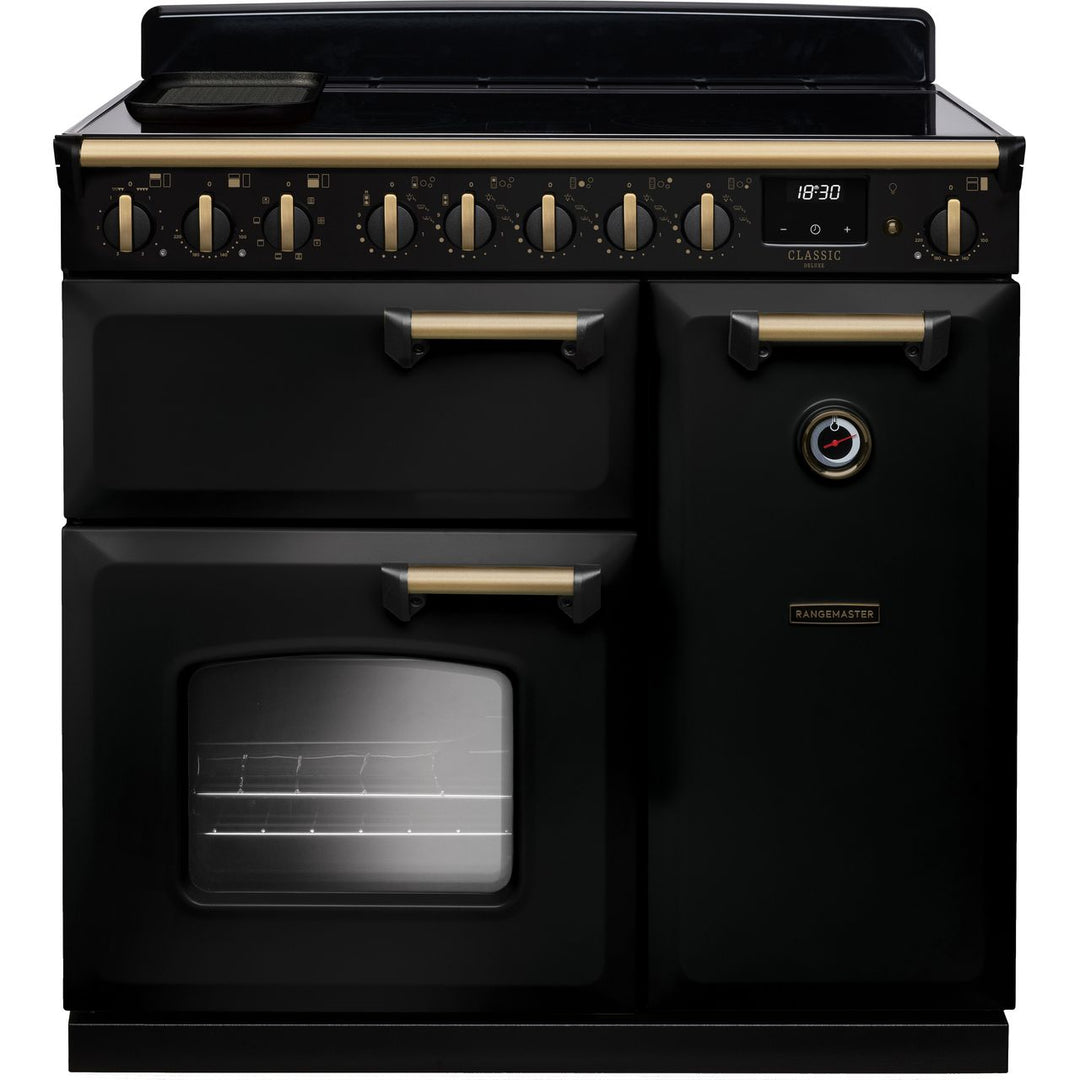 Rangemaster Classic Deluxe CLDL90EIPGBL/AB1 90cm wide Electric Range Cooker with Induction Hob - Black / Antique Brass