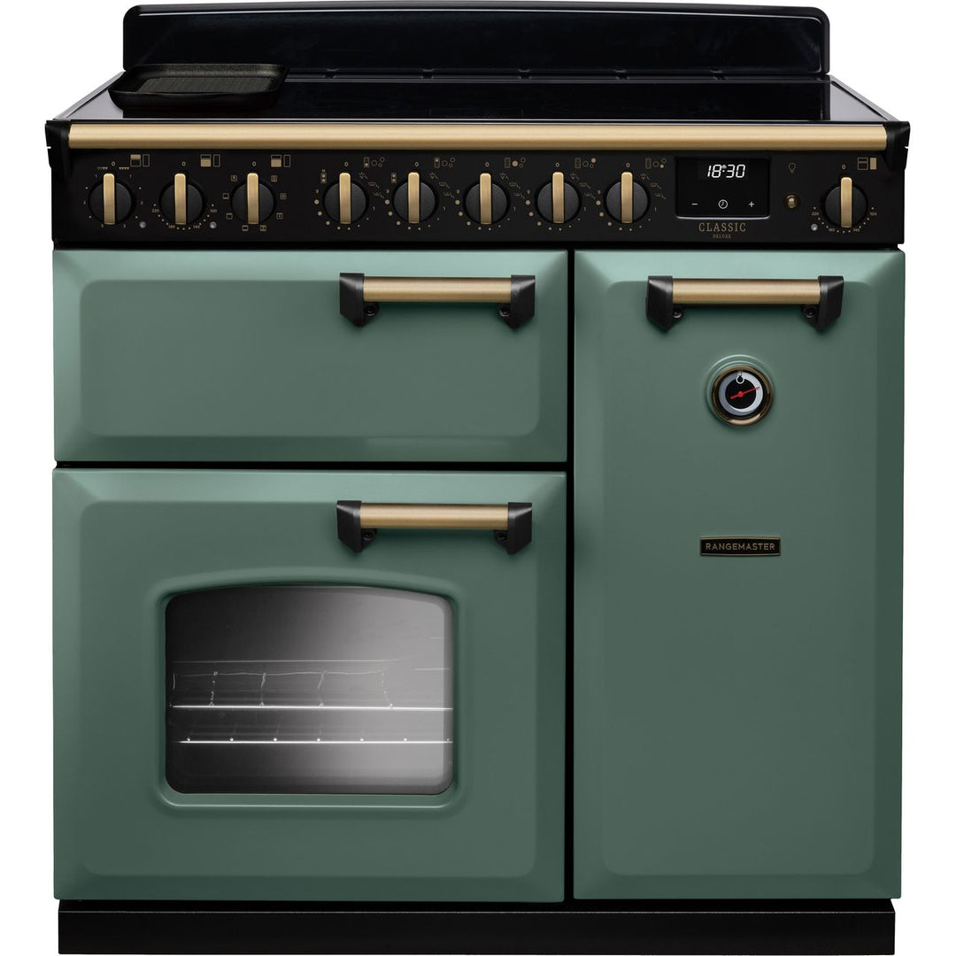 Rangemaster Classic Deluxe CLDL90EIPMGR/AB1 90cm wide Electric Range Cooker with Induction Hob - Mineral Green / Antique Brass