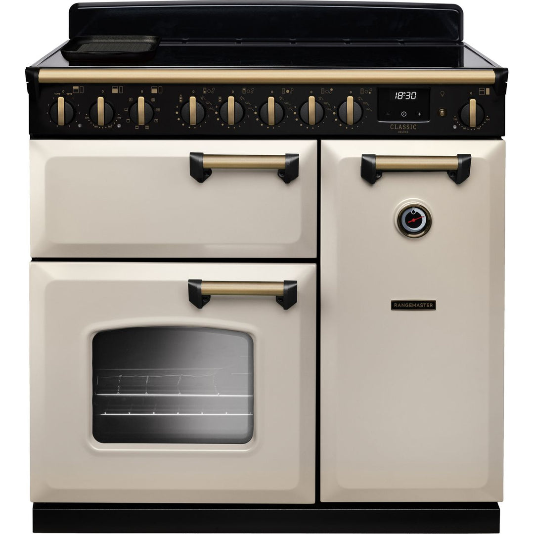 Rangemaster Classic Deluxe CLDL90EIPPCR/AB1 90cm wide Electric Range Cooker with Induction Hob - Cream / Antique Brass