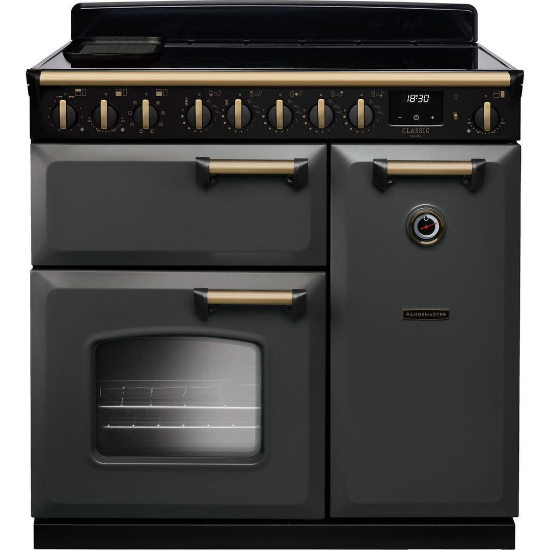 Rangemaster Classic Deluxe CLDL90EIPSLT/AB1 90cm wide Electric Range Cooker with Induction Hob - Slate / Antique Brass