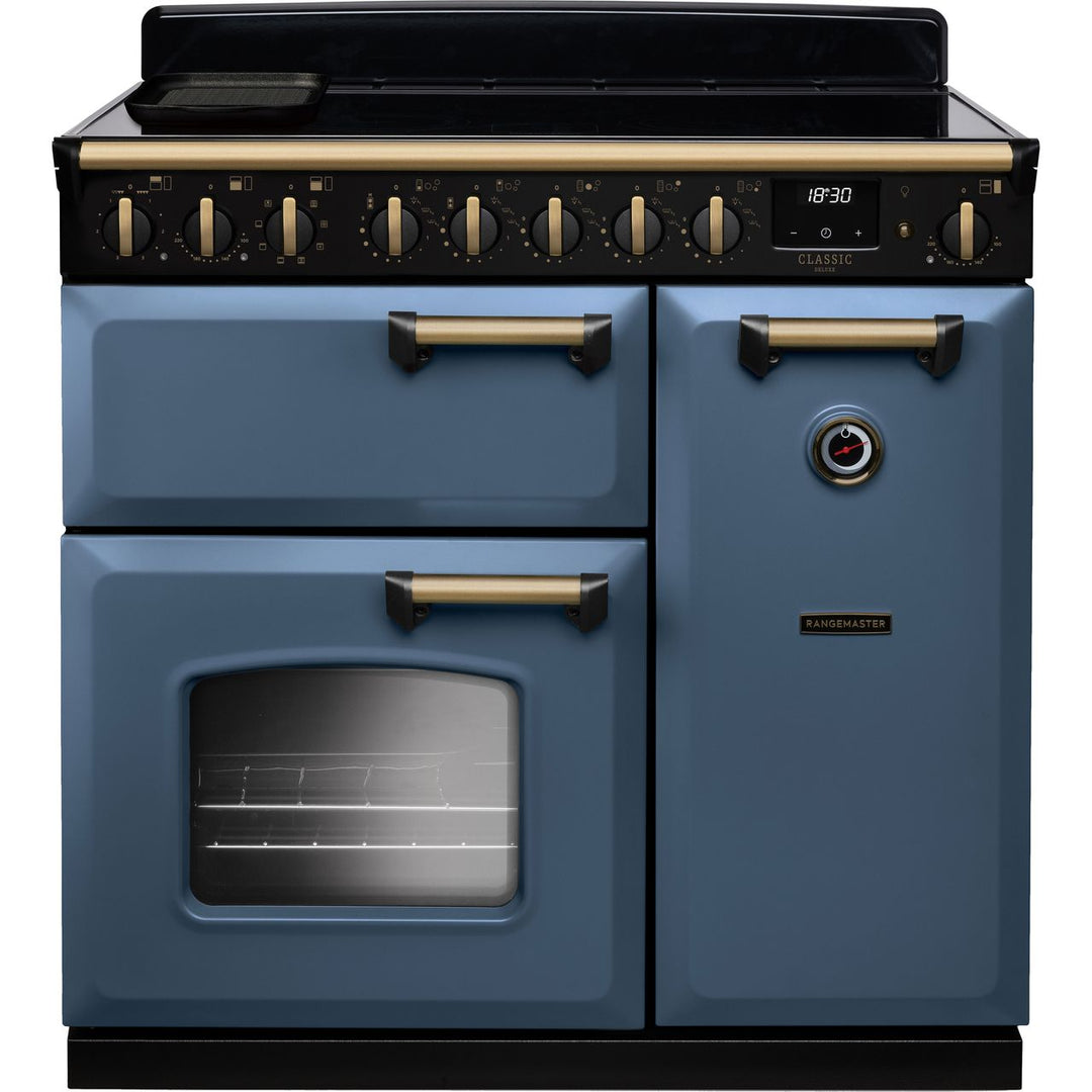 Rangemaster Classic Deluxe CLDL90EIPSTB/AB1 90cm wide Electric Range Cooker with Induction Hob - Stone Blue / Antique Brass