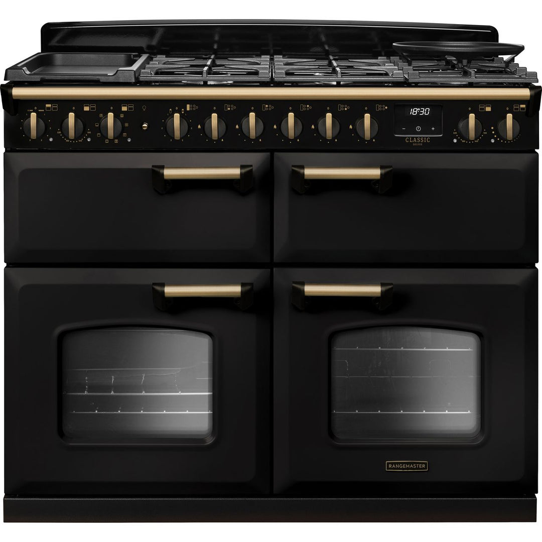 Rangemaster Classic Deluxe 110 CLDLB110DFPCBL/AB1 110cm wide Dual Fuel Range Cooker with Gas Hob - Charcoal Black / Antique Brass