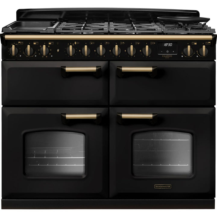 Rangemaster Classic Deluxe 110 CLDLB110DFPCBL/AB1 110cm wide Dual Fuel Range Cooker with Gas Hob - Charcoal Black / Antique Brass
