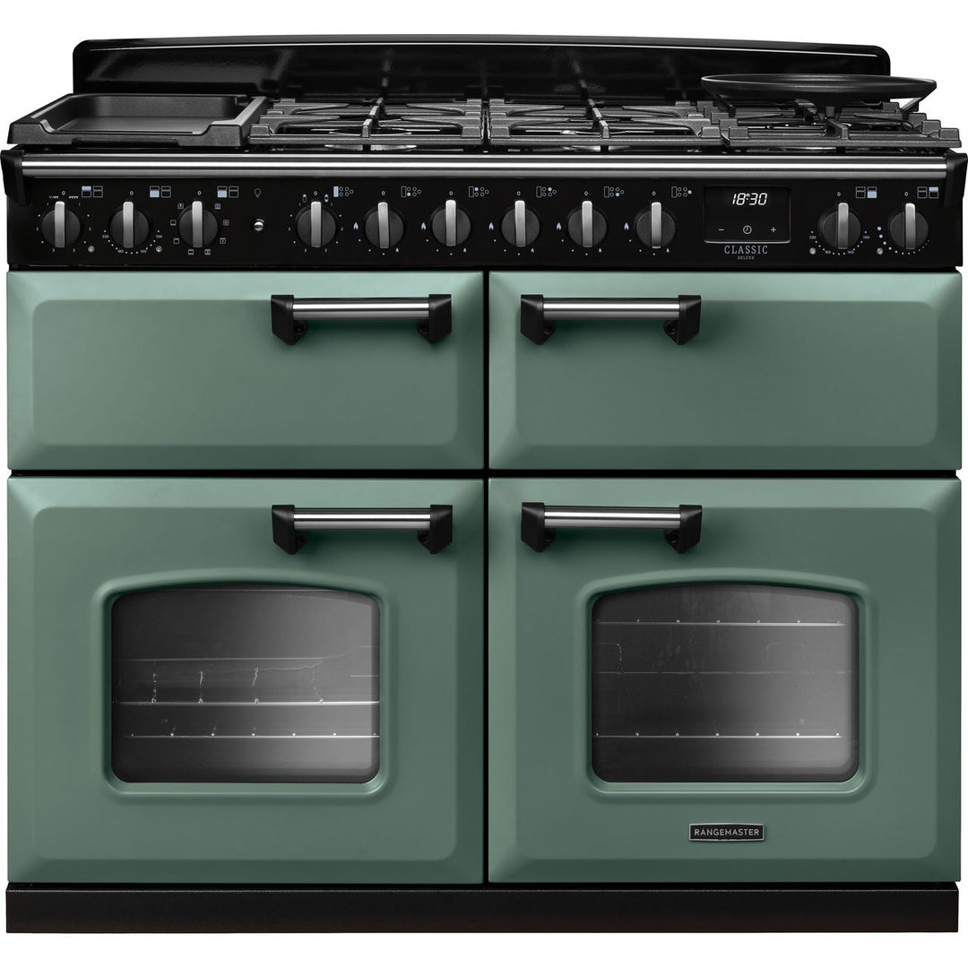 Rangemaster Classic Deluxe CLDLB110DFPMGR/CM1 110cm wide Dual Fuel Range Cooker with Gas Hob - Green / Chrome