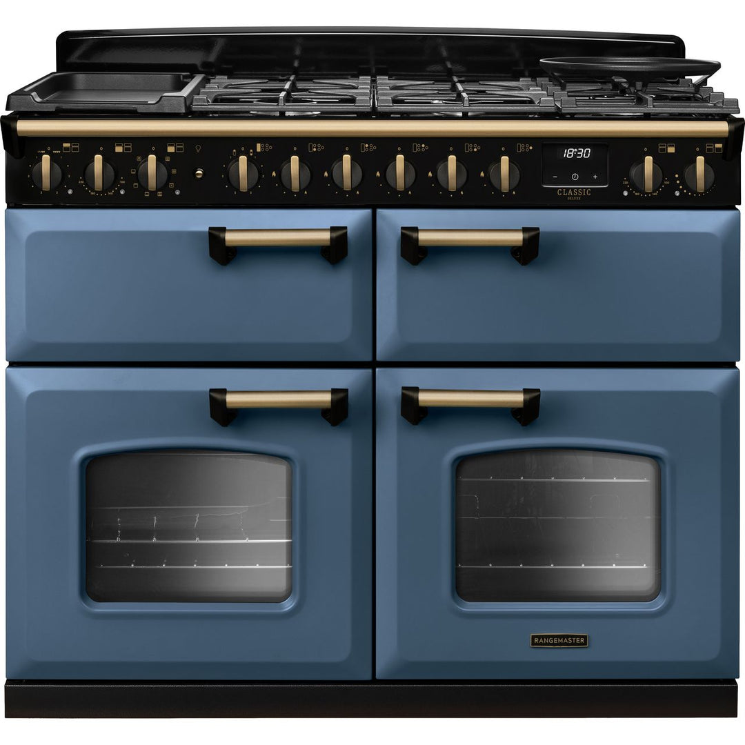 Rangemaster Classic Deluxe 110 CLDLB110DFPSTB/AB1 110cm wide Dual Fuel Range Cooker with Gas Hob - Stone Blue / Antique Brass
