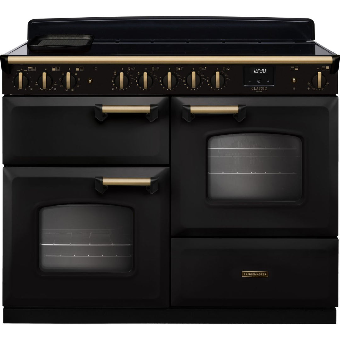 Rangemaster Classic Deluxe OC CLDLO110EIPCBL/AB1 110cm wide Electric Range Cooker with Induction Hob - Charcoal Black / Antique Brass
