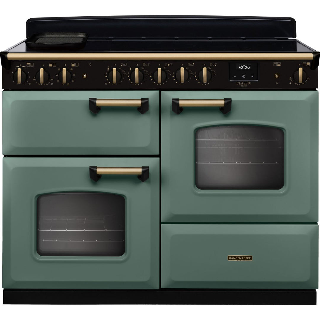 Rangemaster Classic Deluxe OC CLDLO110EIPMGR/AB1 110cm wide Electric Range Cooker with Induction Hob - Mineral Green / Antique Brass