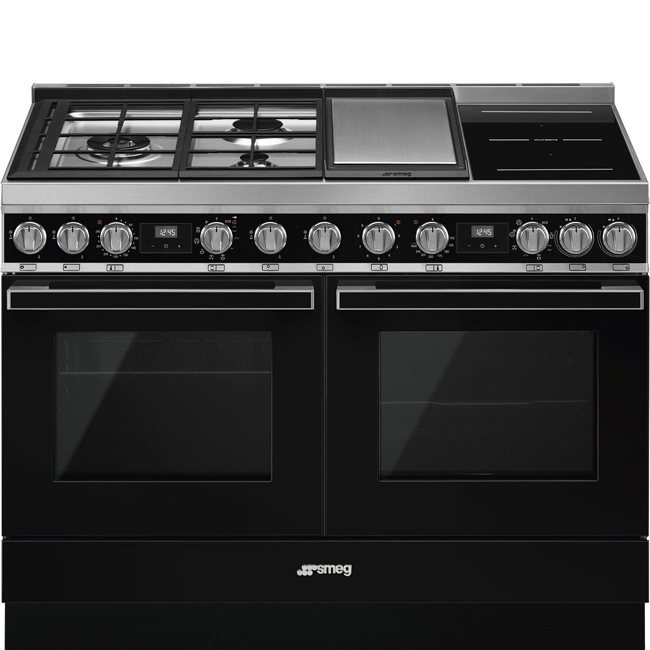 Smeg Portofino CPF120IGMPBL Dual Fuel Range Cooker with Mixed Fuel Hob and Pyrolytic Cleaning - Black