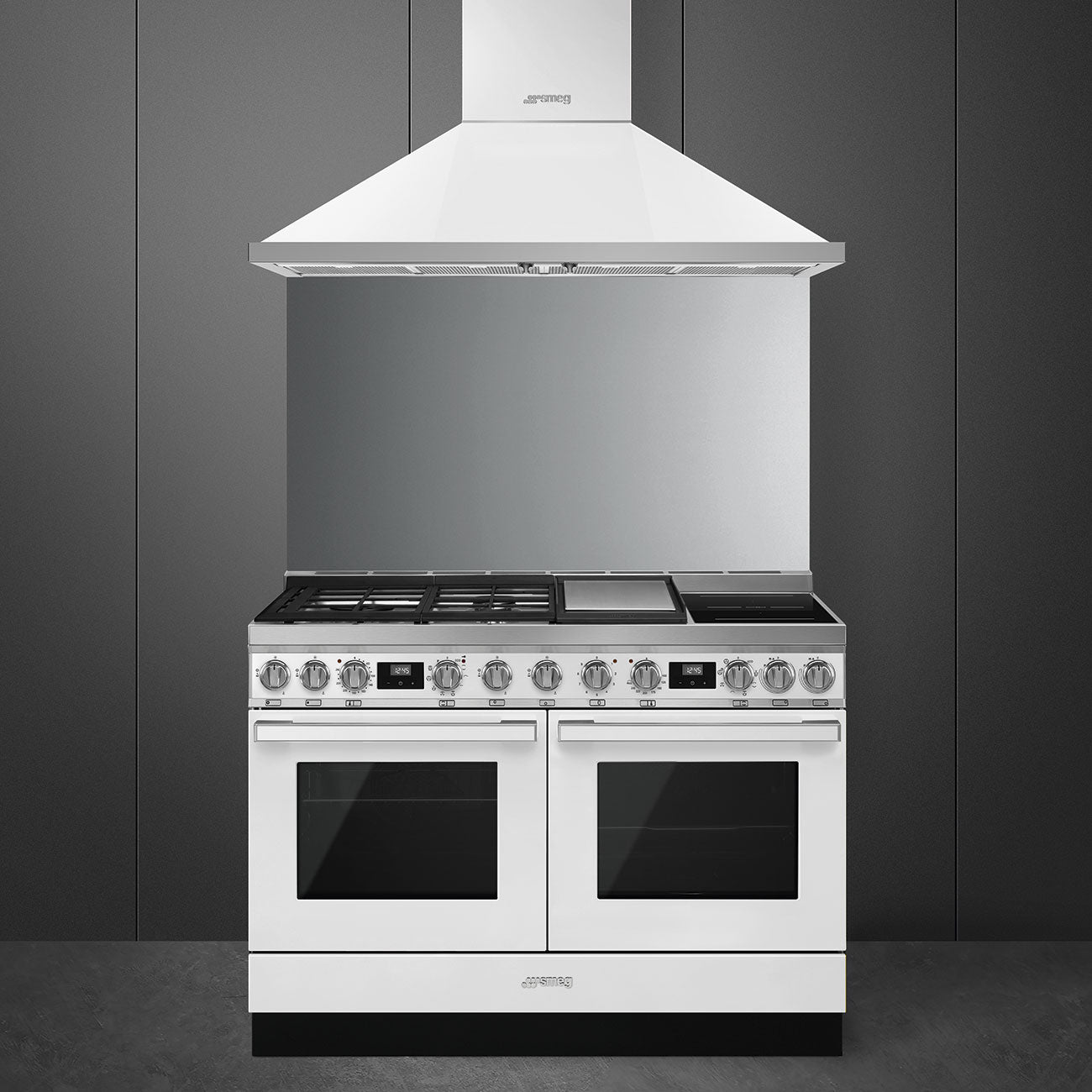 Smeg Portofino CPF120IGMPWH Dual Fuel Range Cooker with Mixed Fuel Hob and Pyrolytic Cleaning - White