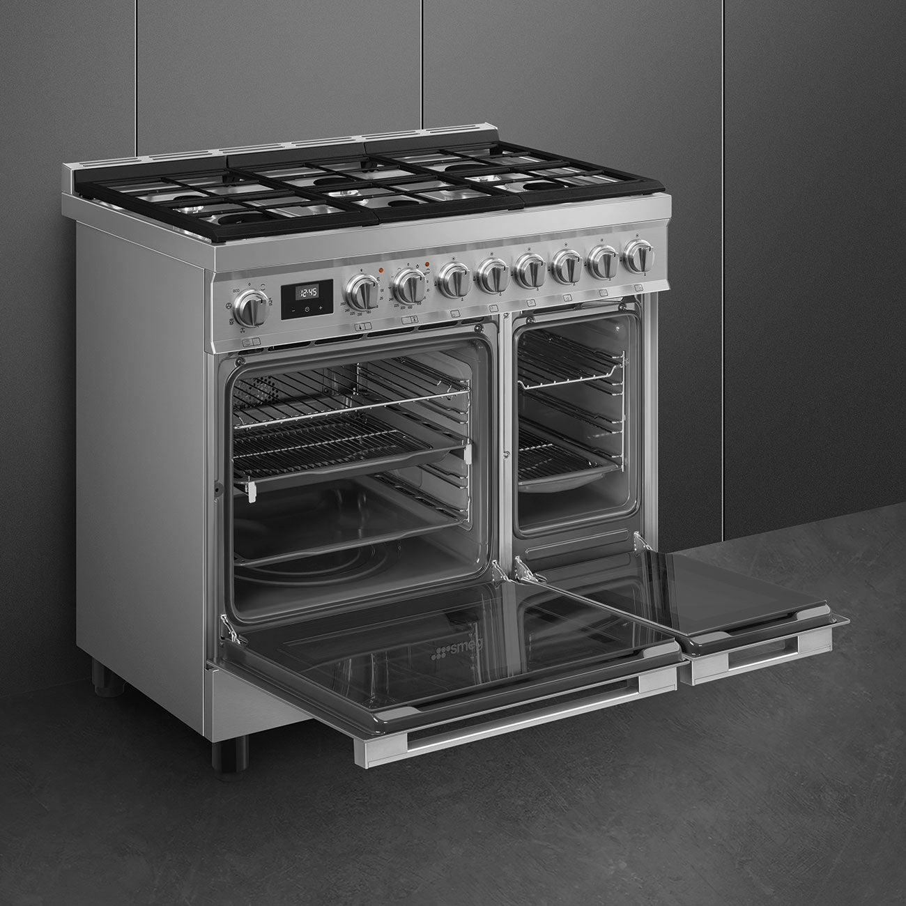 Smeg Portofino CPF92GMX 90cm wide Dual Fuel Range Cooker with Gas Hob - Stainless Steel