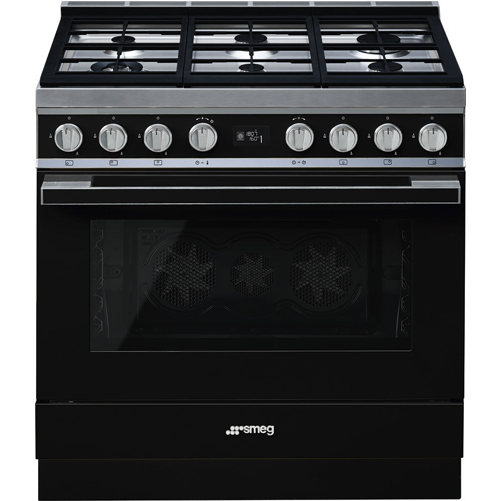Smeg Portofino CPF9GPBL 90cm wide Dual Fuel Range Cooker with Gas Hob and Pyrolytic Cleaning - Black