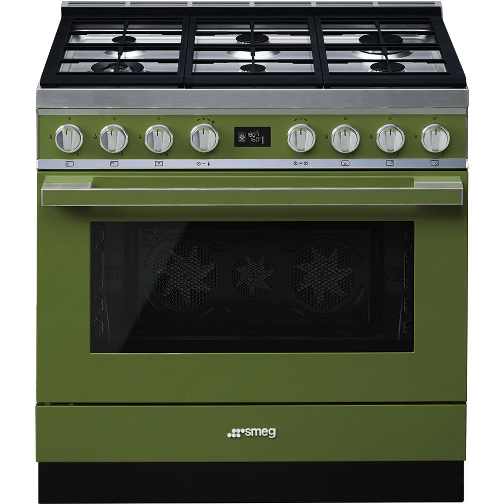 Smeg Portofino CPF9GPOG 90cm wide Dual Fuel Range Cooker with Gas Hob and Pyrolytic Cleaning - Olive Green