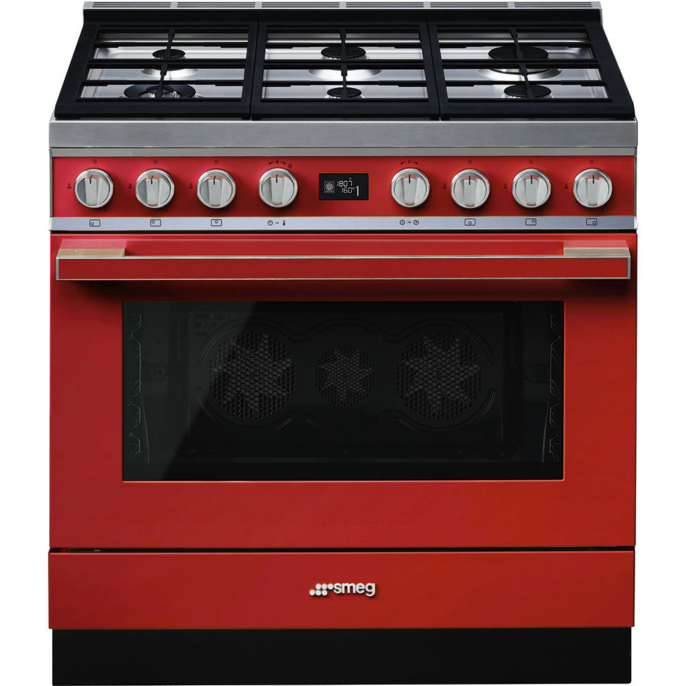 Smeg Portofino CPF9GPR 90cm wide Dual Fuel Range Cooker with Gas Hob and Pyrolytic Cleaning - Red