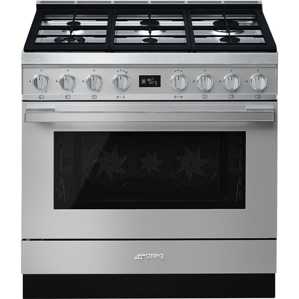 Smeg Portofino CPF9GPX 90cm wide Dual Fuel Range Cooker with Gas Hob and Pyrolytic Cleaning - Stainless Steel