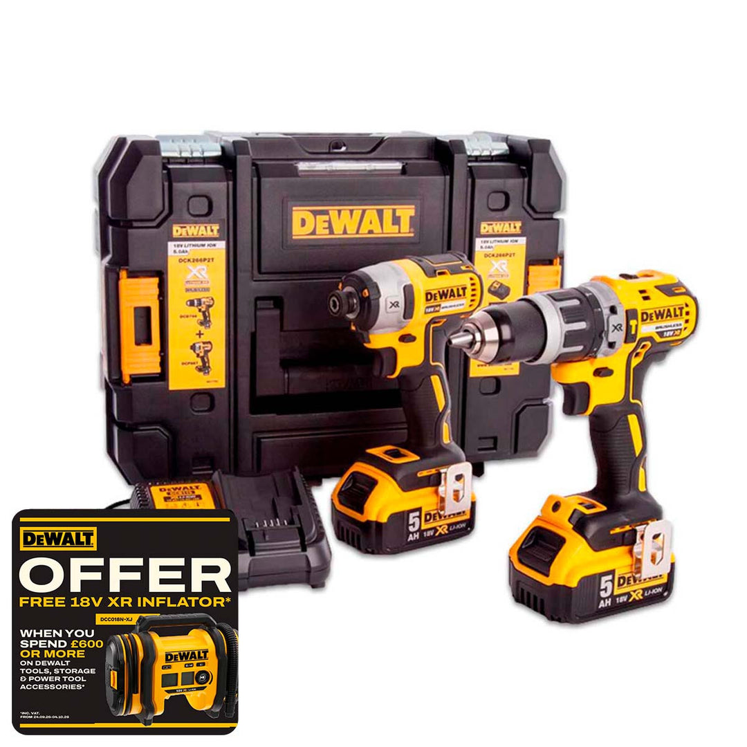 DeWalt DCK266P2T-GB 18V XR Brushless Combi Drill &amp; Impact Driver Twin Kit with 2x 5.0Ah Batteries, Charger and a TSTAK Carry Case