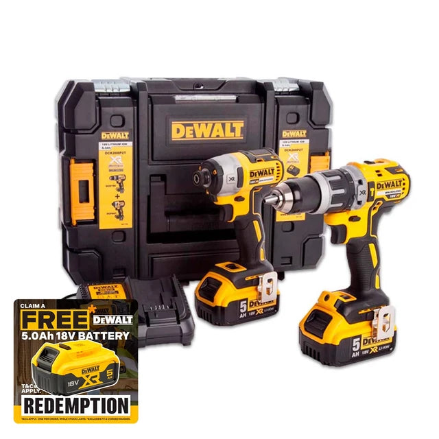 DeWalt DCK266P2T-GB 18V XR Brushless Combi Drill &amp; Impact Driver Twin Kit with 2x 5.0Ah Batteries, Charger and a TSTAK Carry Case  DEWDCK266P2T-GB