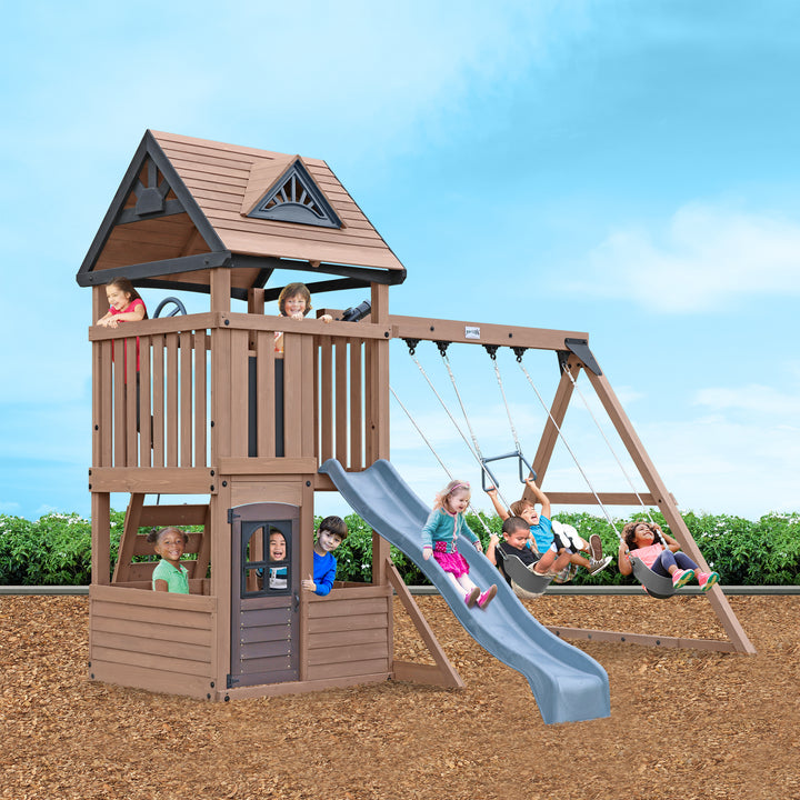 Wooden Playset garden payhouse Driftwood Cove Climbing Frame UV-resistant battleship grey wave slide  100% Premium lumber