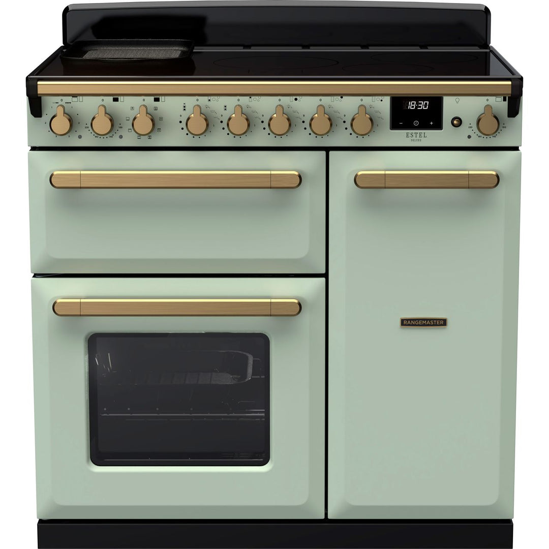 Rangemaster Estel Deluxe ESDL90EIPMNT/AB1 90cm wide Electric Range Cooker with Induction Hob - Mint / Antique Brass