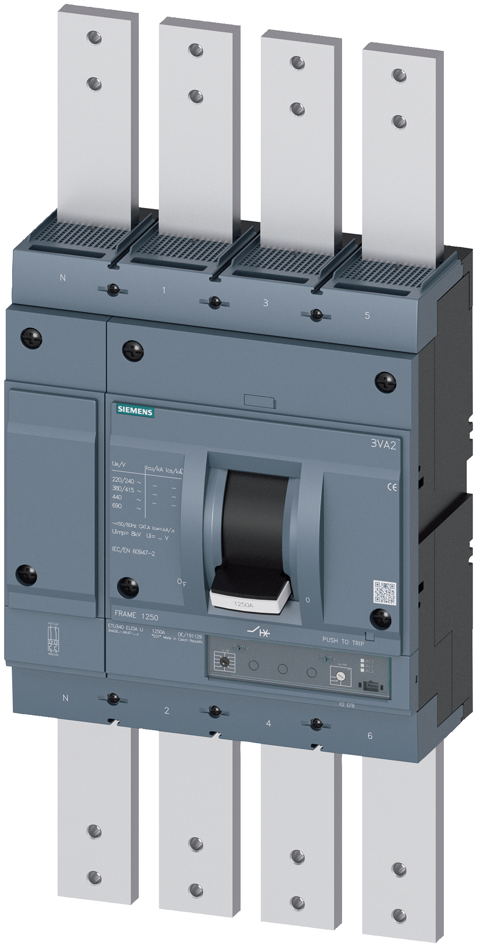 Siemens, SENTRON, 3VA Circuit Breaker 4-Pole 1250A, Breaking Capacity 110 kA, Screw