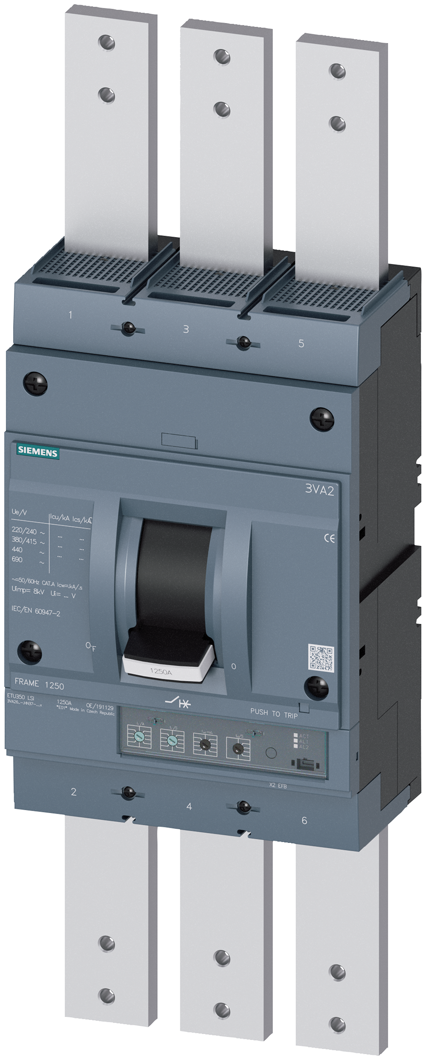Siemens, SENTRON, 3VA Circuit Breaker 3-Pole 1250A, Breaking Capacity 110 kA, Screw