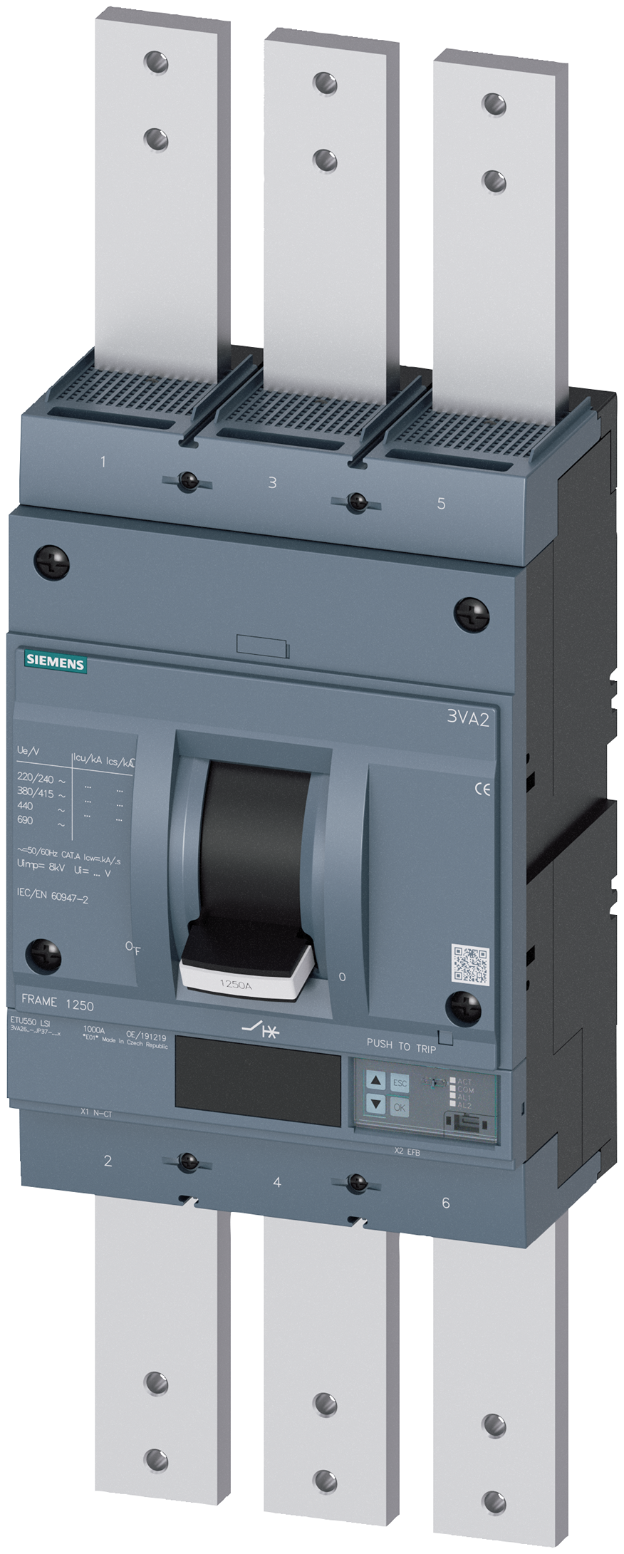 Siemens, SENTRON, 3VA Circuit Breaker 3-Pole 1250A, Breaking Capacity 200 kA, Screw