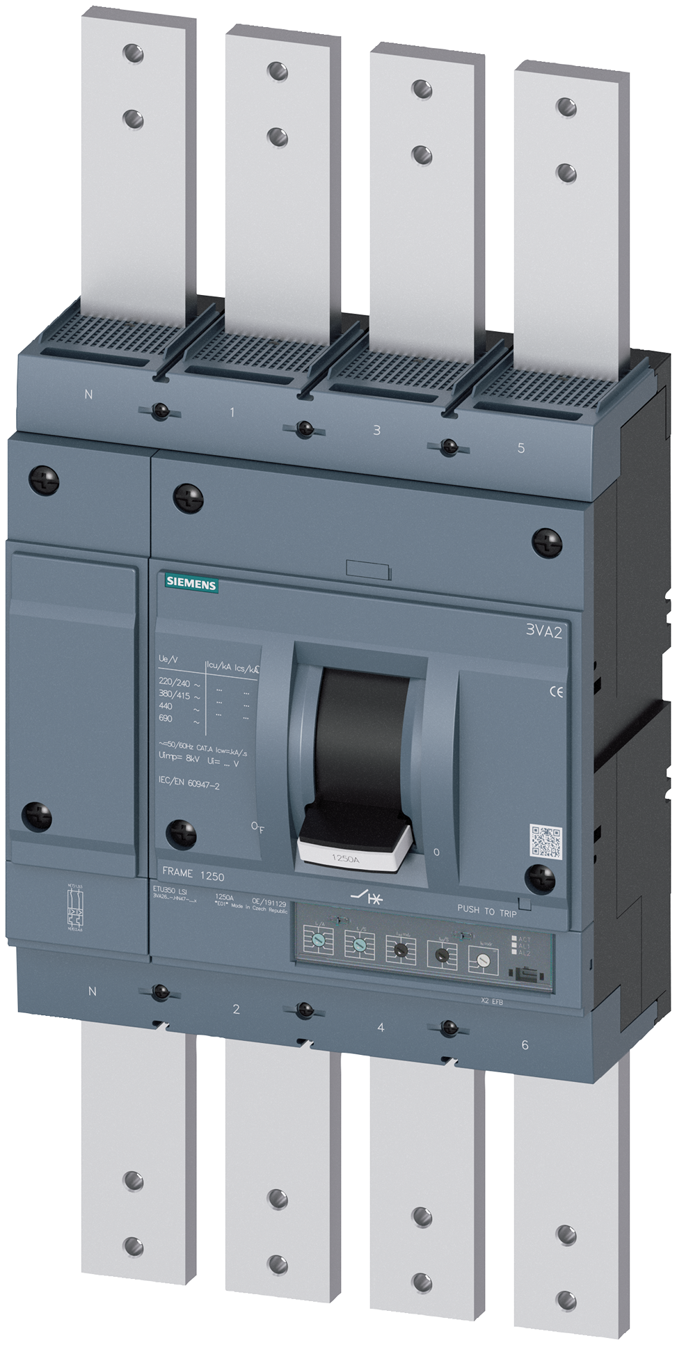Siemens, SENTRON, 3VA Circuit Breaker 4-Pole 1250A, Breaking Capacity 85 kA, Screw