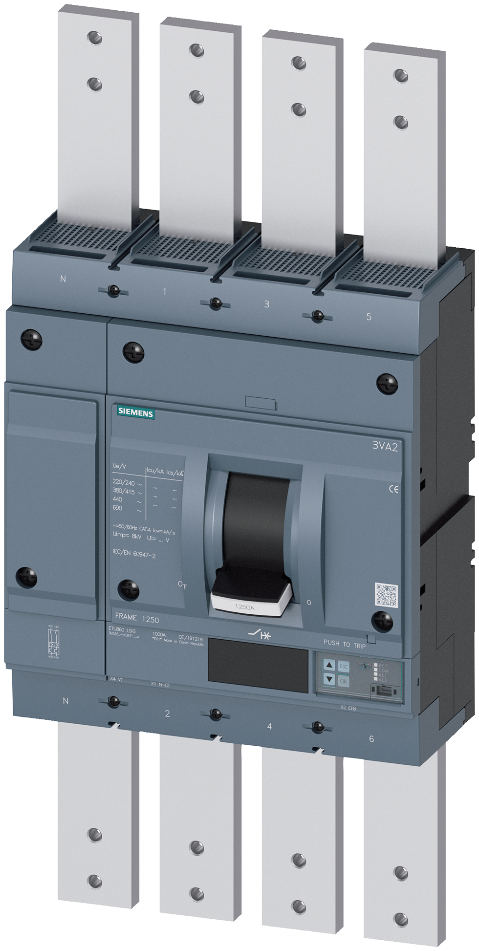 Siemens, SENTRON, 3VA Circuit Breaker 4-Pole 1250A, Breaking Capacity 85 kA, Screw
