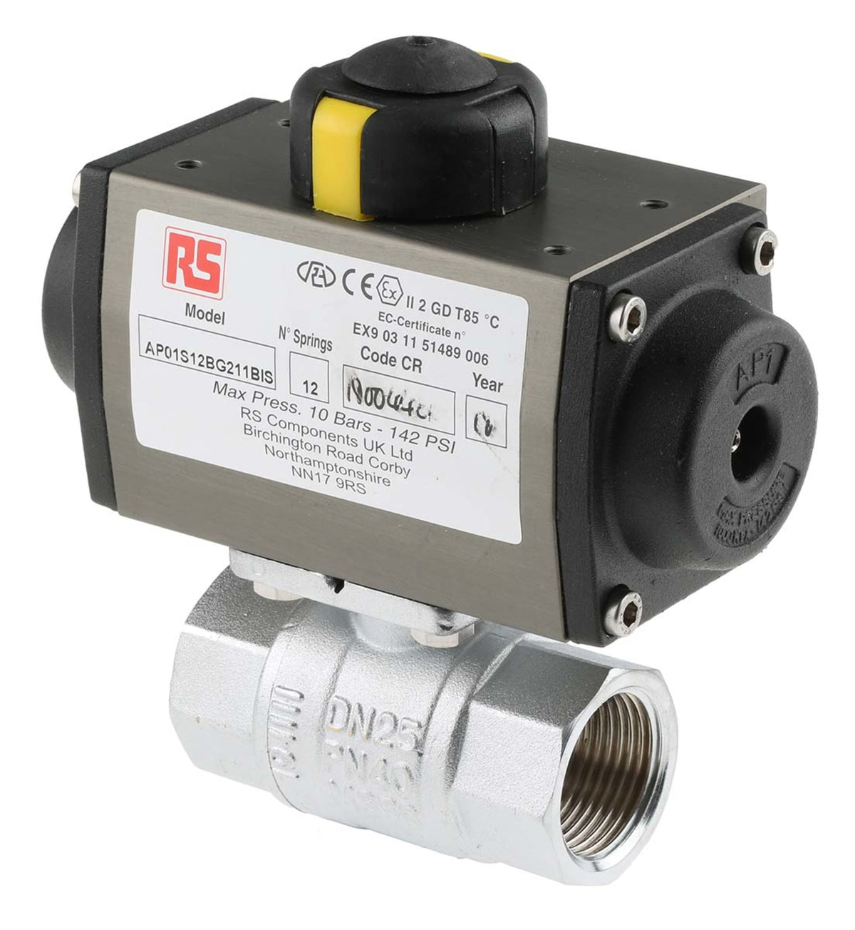 TieDex UK Ball type Pneumatic Actuated Valve, 40 bar, BSP, Female 1/4 in