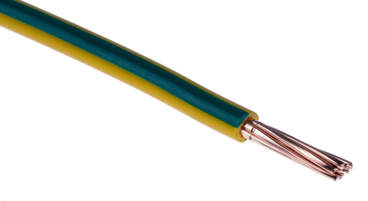 TieDex UK H07V-R Series Yellow, Green 10 mm² Hook Up Wire, 8 AWG, 7/1.34 mm, 1.34 mm core strands, 100 m, Polyvinyl