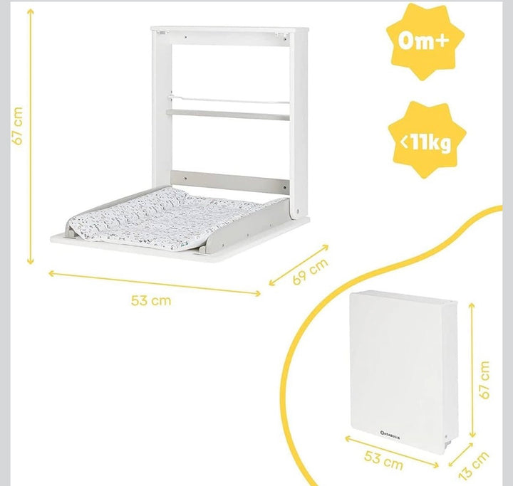 Badabulle Wall Mounted Changing Table, fold down baby changing unit with changing mat and storage