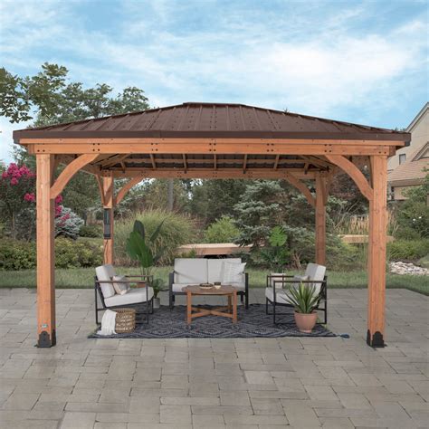 Backyard Discovery 14×10 Barrington Gazebo – 100% Cedar Wood Pavilion with Heavy-Duty Steel Hip Roof, All-Weather Resistant, Built-In PowerPort™, Easy Assembly, Outdoor Garden Shelter, 5-Year Warranty