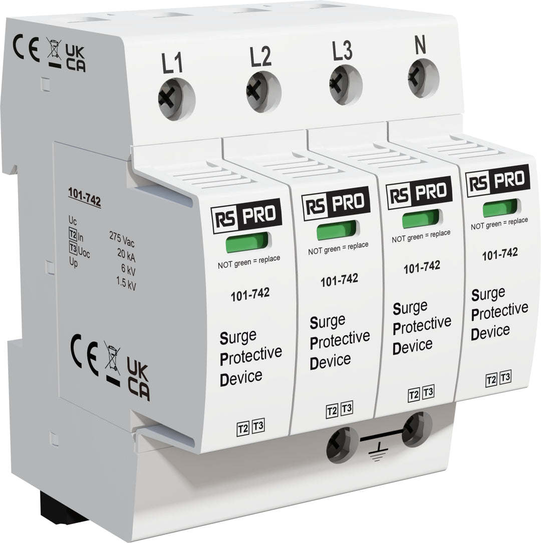 TieDex UK 3 Phase Industrial Surge Protector, 50 kA, 1.5 kV, DIN Rail