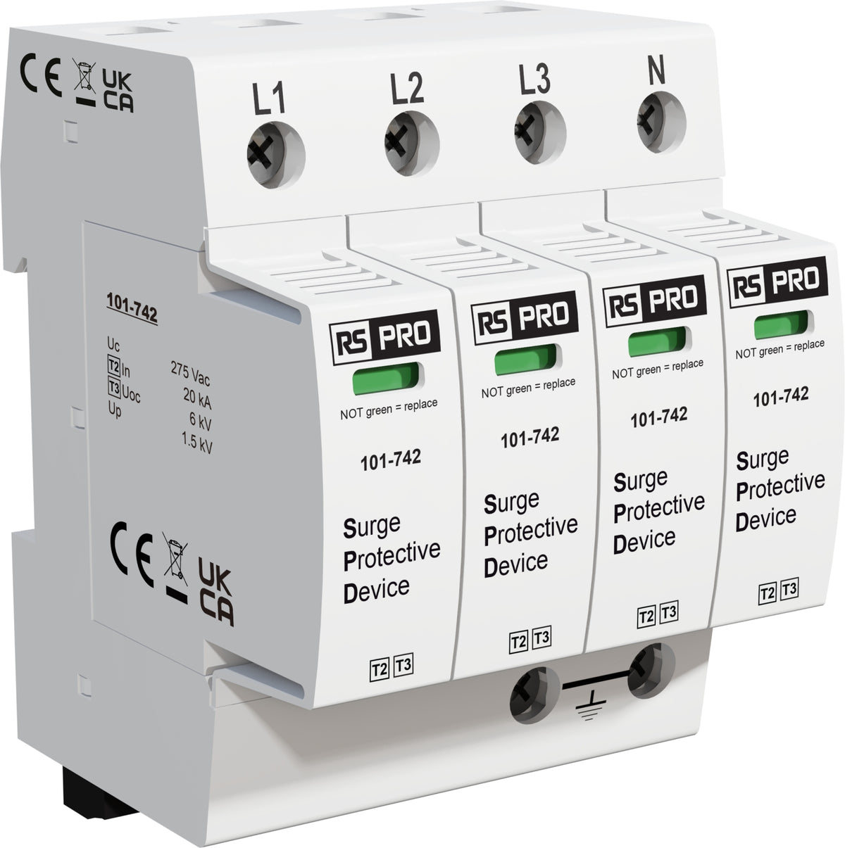 TieDex UK 3 Phase Industrial Surge Protector, 50 kA, 1.5 kV, DIN Rail
