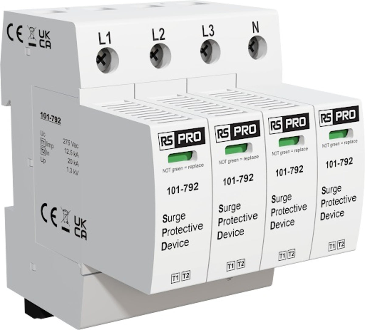 TieDex UK 3 Phase Industrial Surge Protector, 40 kA, 1.35 kV, DIN Rail
