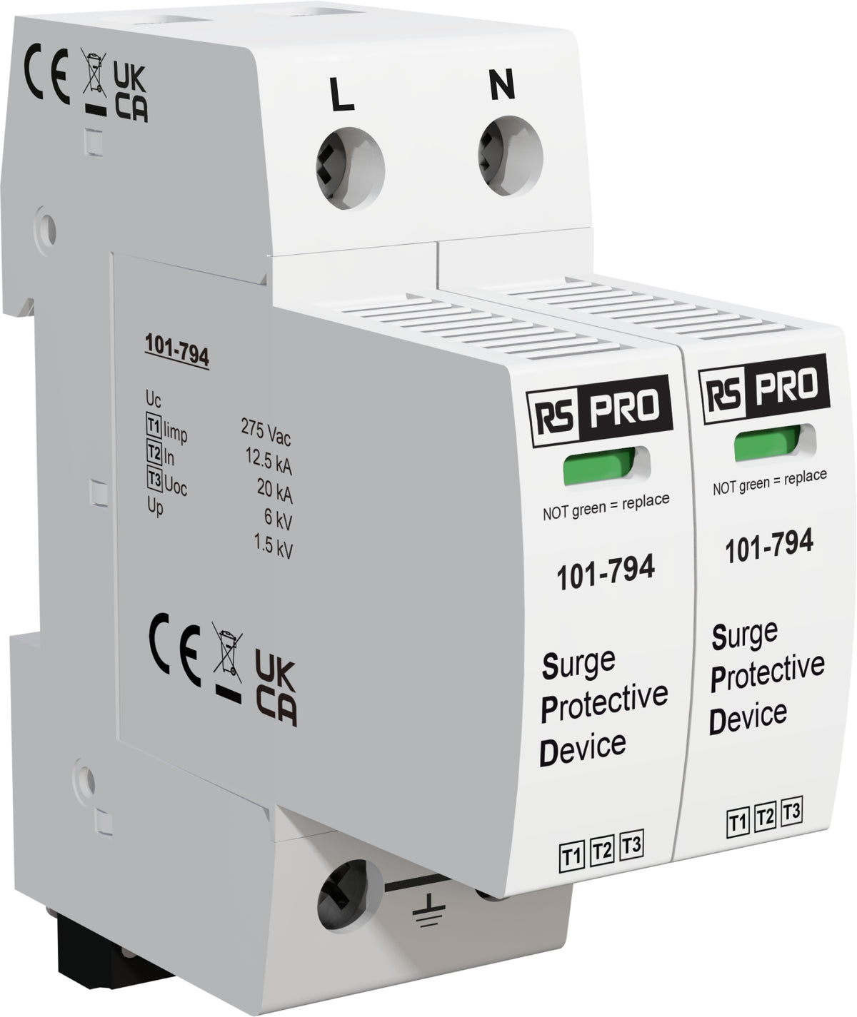 TieDex UK 1 Phase Industrial Surge Protector, 50 kA, 1.35 kV, DIN Rail