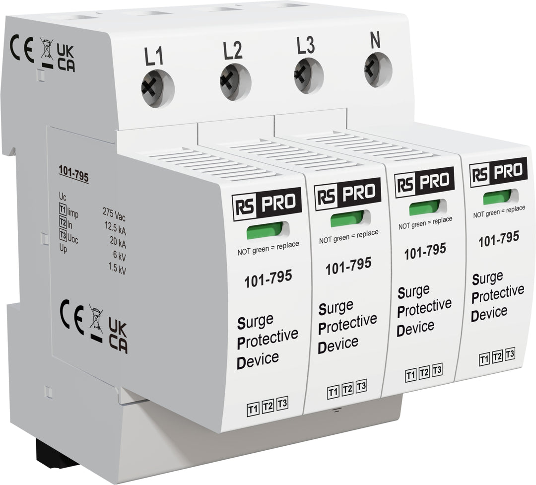 TieDex UK 3 Phase Industrial Surge Protector, 50 kA, 1.35 kV, DIN Rail