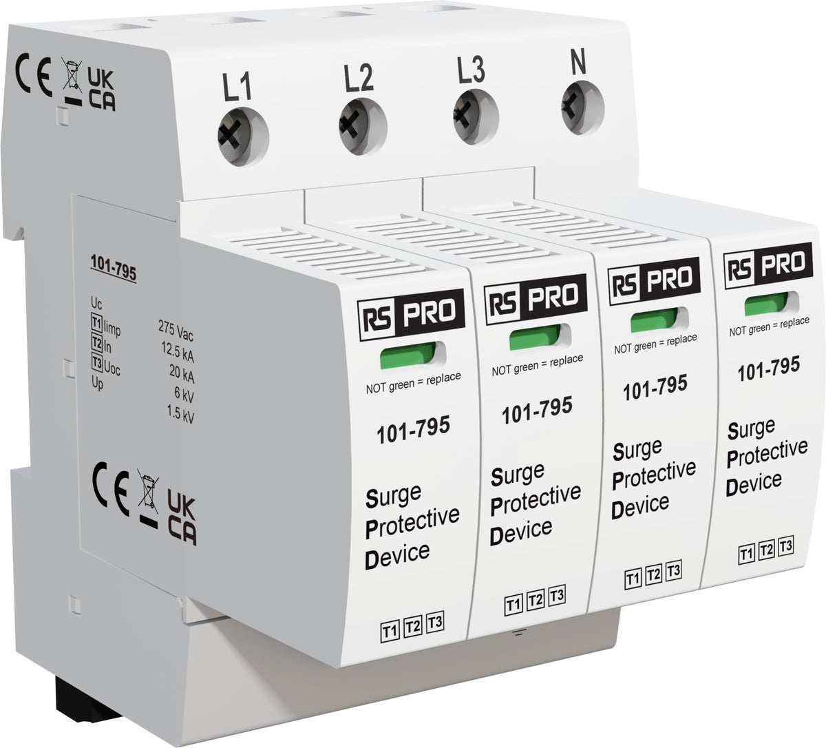 TieDex UK 3 Phase Industrial Surge Protector, 50 kA, 1.35 kV, DIN Rail