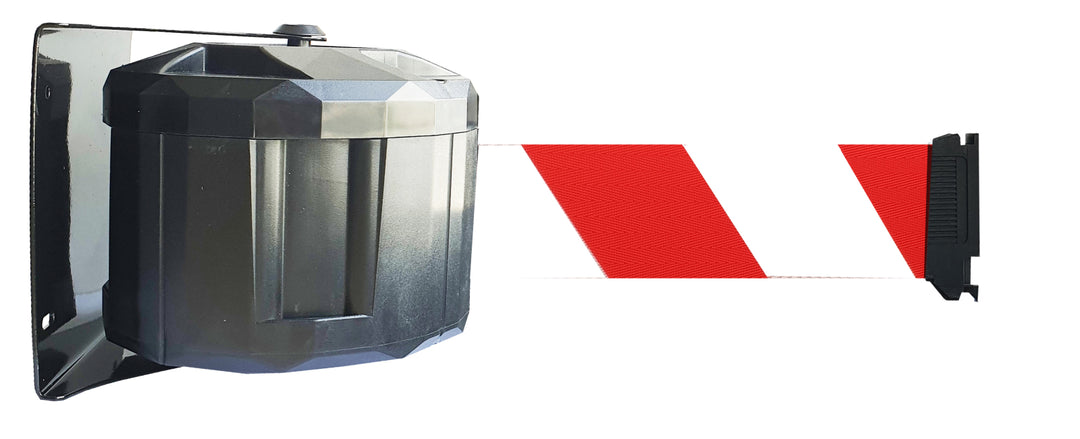 TieDex UK Black Strap Post, White, Red Tape, Polyester, Polyester, Retractable Barrier, 10 m