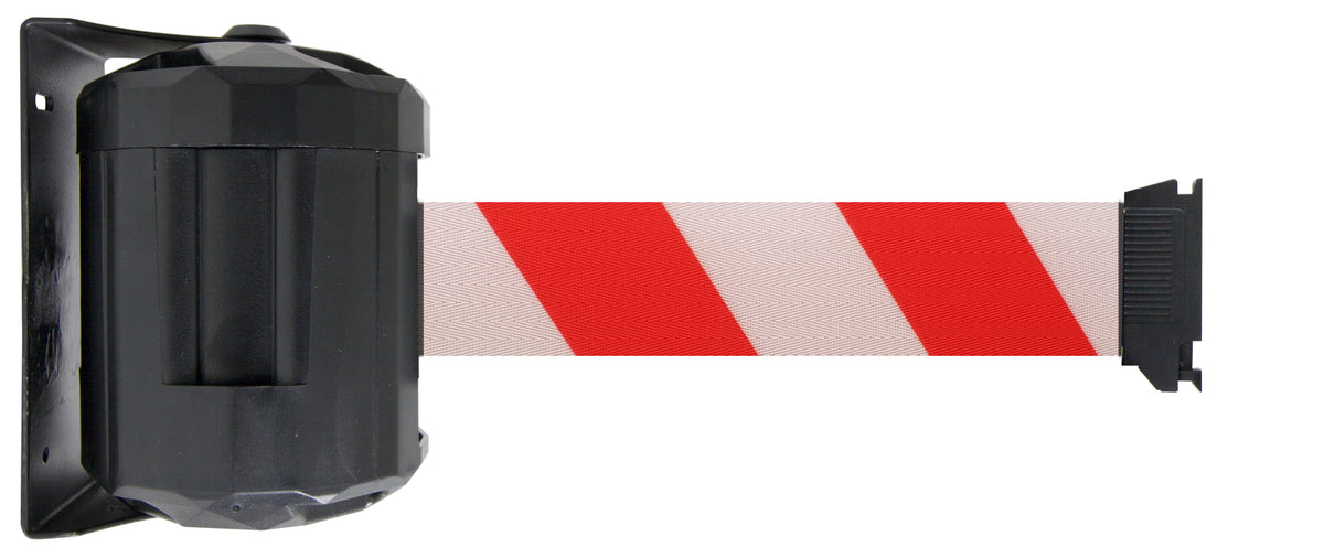 TieDex UK Black Strap Post, White, Red Tape, Polyester, Polyester, Retractable Barrier, 4 m