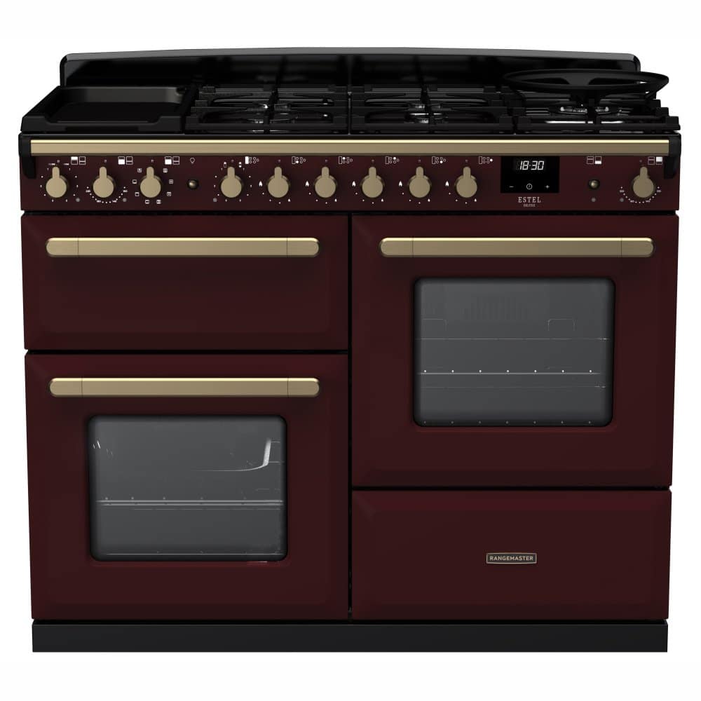 Rangemaster Estel Deluxe ESDLO110DFPBOR/AB1 110cm wide Dual Fuel Range Cooker with Gas Hob - Bordeaux / Antique Brass