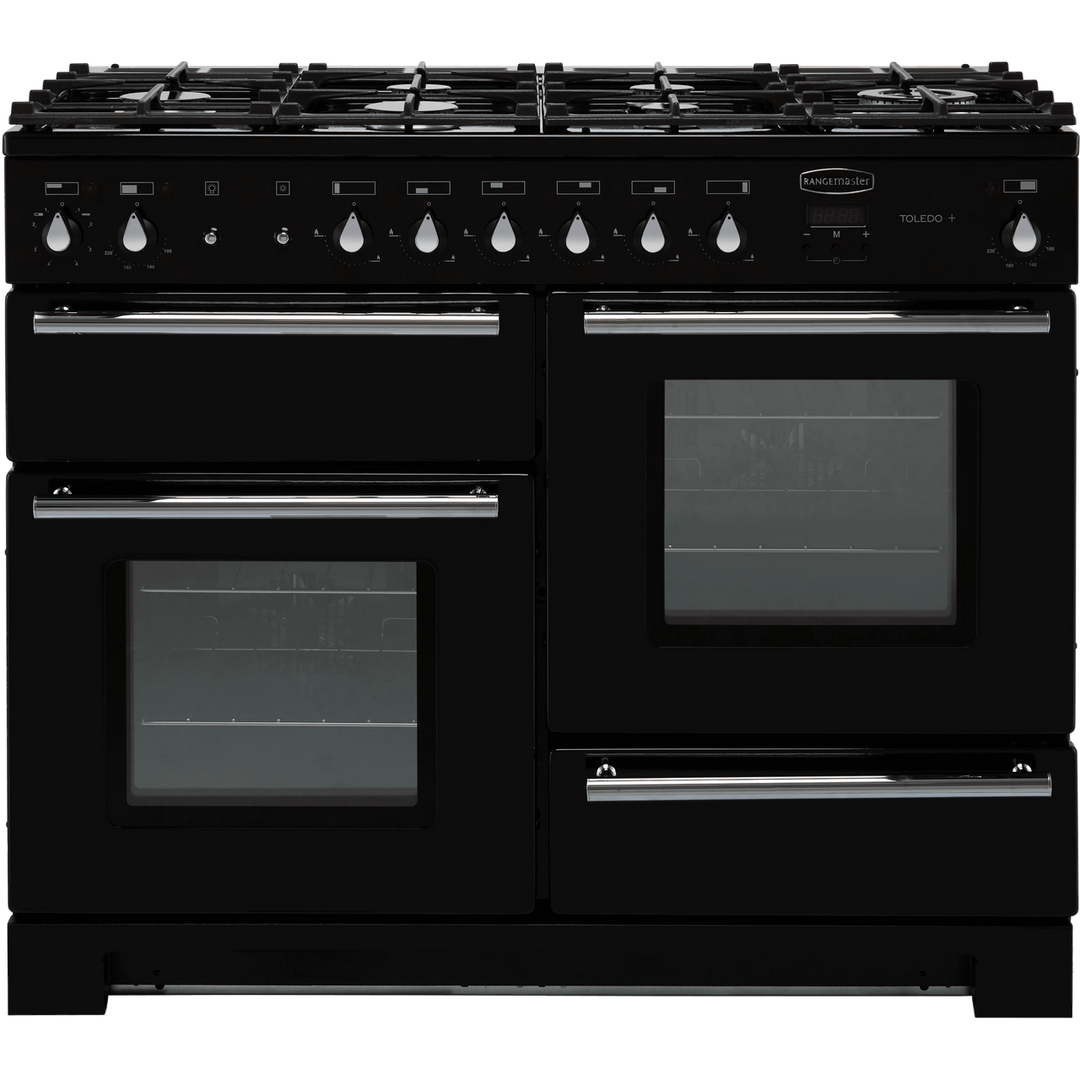 Rangemaster Toledo + TOLP110DFFGB/C 110cm wide Dual Fuel Range Cooker with Gas Hob - Black / Chrome