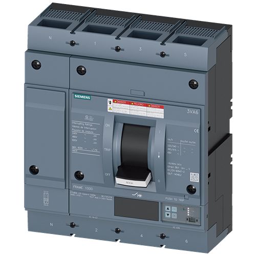 Siemens, SENTRON, 3VA6 Molded Case Circuit Breaker 4-Pole 800A, Breaking Capacity 100 kA, Fixed