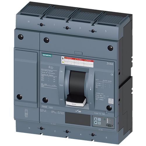 Siemens, SENTRON, 3VA6 Molded Case Circuit Breaker 4-Pole 600A, Breaking Capacity 100 kA, Fixed