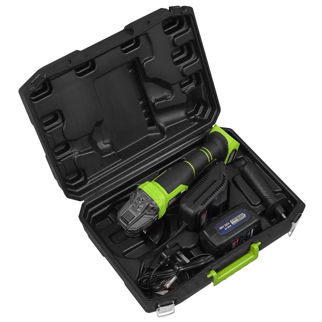 Sealey CP401LIHV 18V Angle Grinder 115mm 1 x 3Ah lithium-ion battery & 2.4A mains charger in a storage case