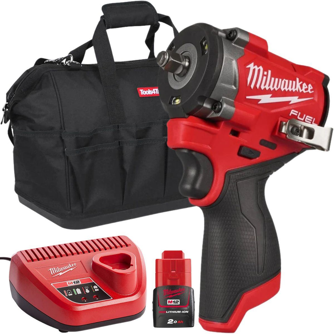 Milwaukee M12FCIWF38G3-0 12V M12 FUEL Brushless 3/8" Impact Wrench with 1 x 2.0Ah Battery Charger &amp; Bag