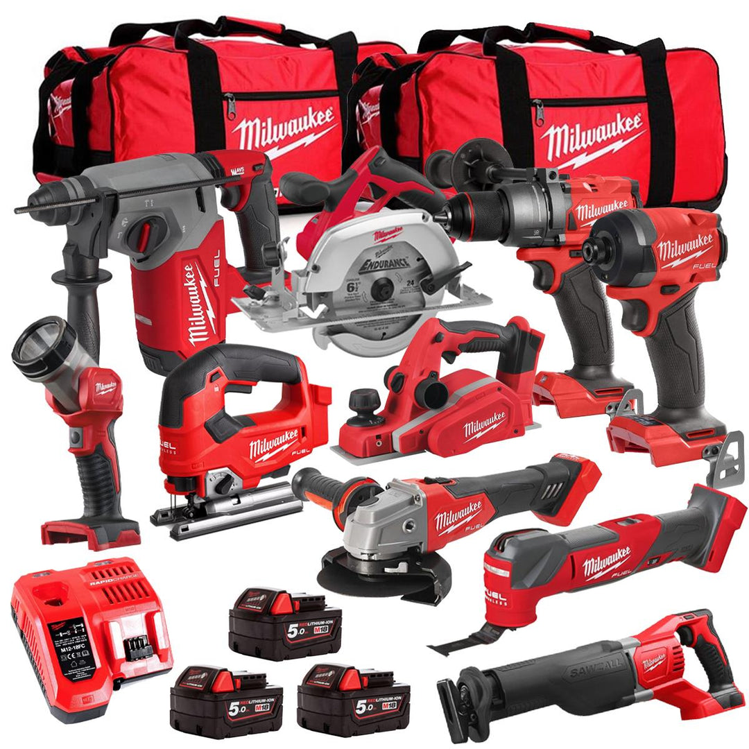 Milwaukee M18FPP6L3-503BK24 18V 10 Piece Tool Kit with 3 x 5.0Ah Batteries Charger & Wheeled Bag