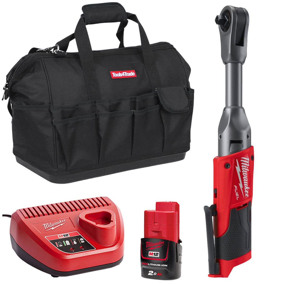 Milwaukee M12FIR38LR-0 12V FUEL Brushless Long Reach 3/8in Ratchet with 1 x 2.0Ah Battery &amp; Charger in Bag