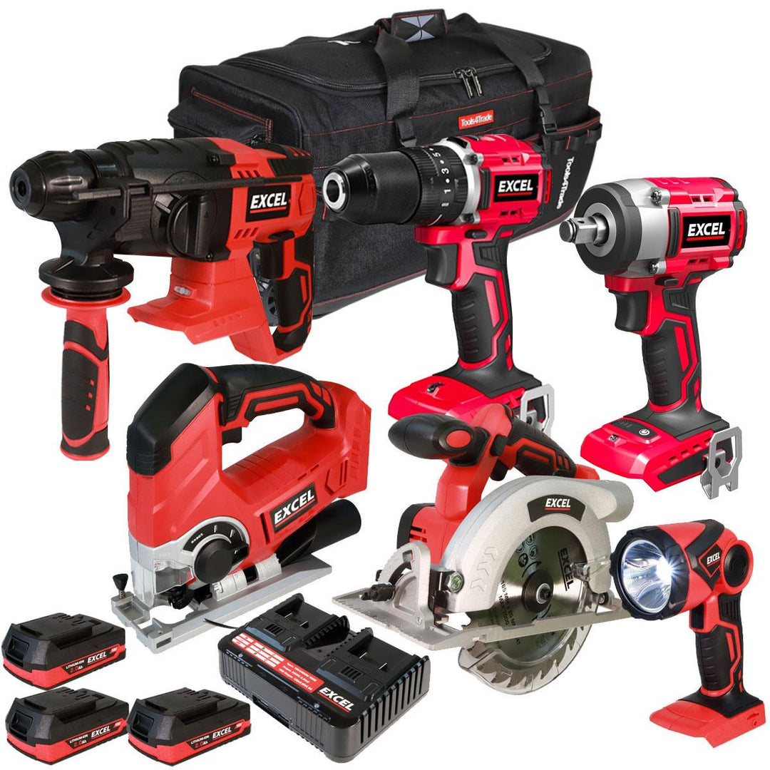Excel 18V Cordless 6 Piece Tool Kit with 3 x 2.0Ah Batteries & Charger