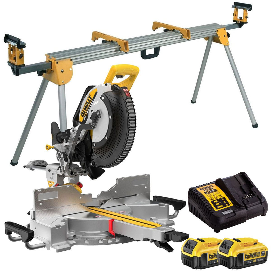 DeWalt DCS782N-XJ 18V XR Brushless Mitre Saw with 2 x 4.0Ah Battery Charger & Universal Leg Stand - DE7023